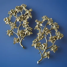 Vintage 20” Set Of 2 Burwood Dogwood Wall Decor Gold Flowers 4281 USA