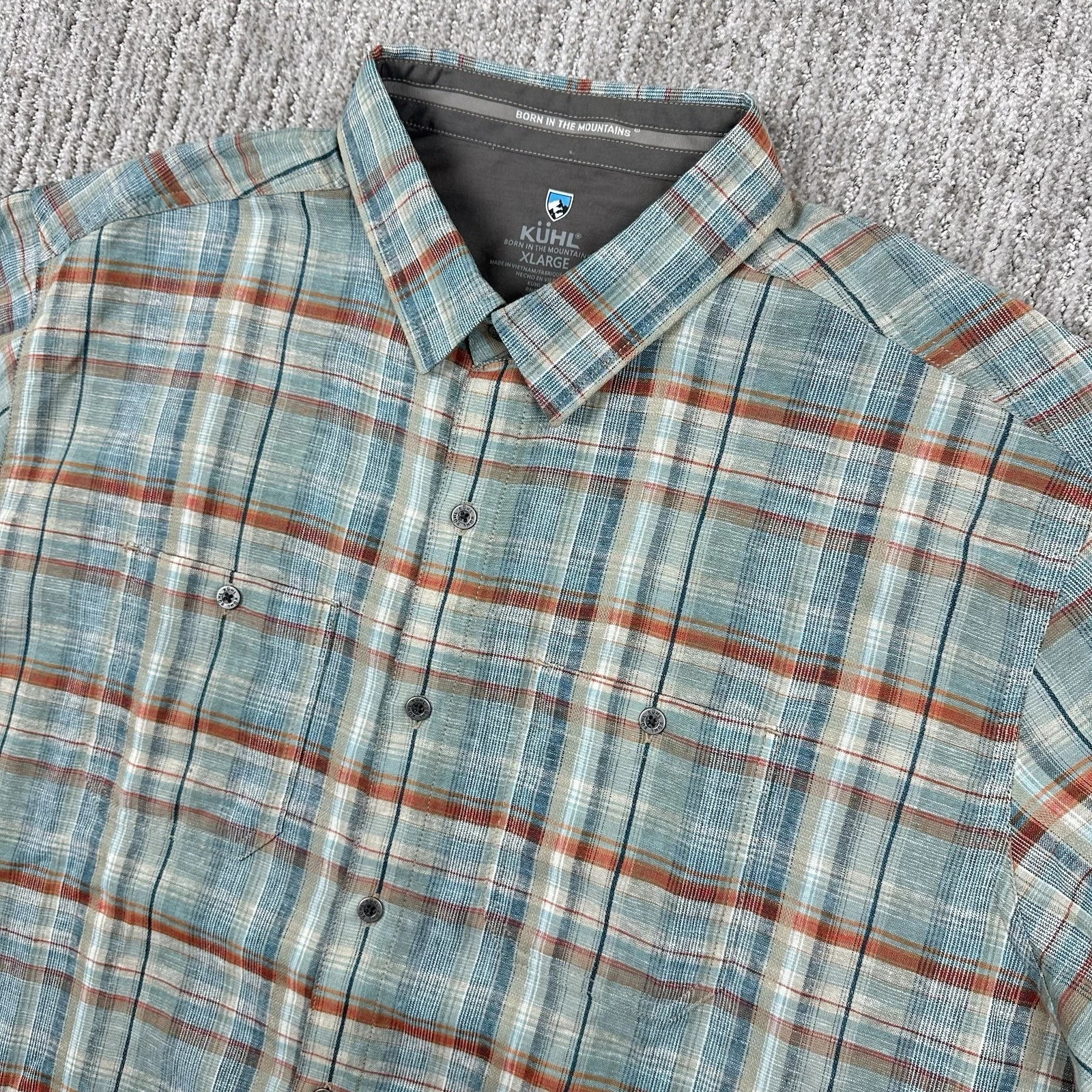 Kuhl Skorpio Shirt Mens XL Plaid Linen Blend Short Sleeve Outdoor Button Up