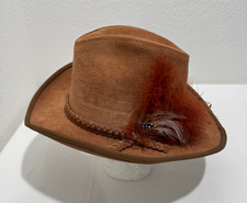 Vintage Suede Cowboy Hat Henschel Skully's Braided Trim and Feather Sz L Large