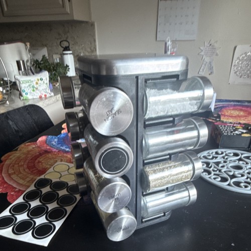 Kamenstein Revolving Spice Rack, 16 Labeled Jars, Stainless Steel & Glass