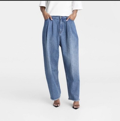 KBB BY KAHLNA Women's Relaxed Wide-Leg Pleated Blue Denim Jeans High Rise 