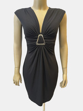 Caché Little Black Dress Size 6 Sleeveless Bodycon Lined Silver Buckle Accent