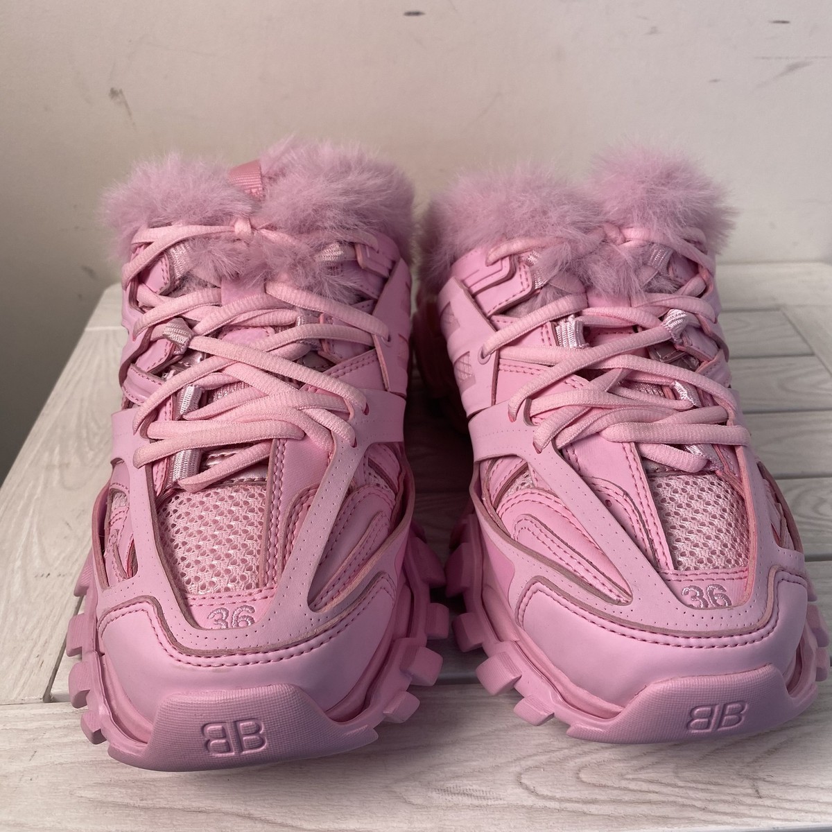 Balenciaga Womens US6 EU36 Track Mule Sweet Pink Faux Fur Open