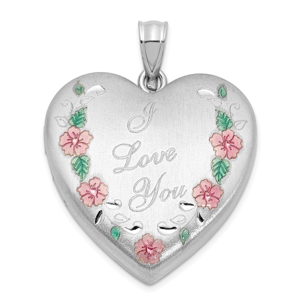 Sterling Silver Satin Epoxy I Love You Floral 24mm Heart Locket Pendant 4.2gm