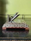 Vintage Persian Wooden Desk Organizer Inlaid Mosaic Art with Brass Pen Holders! — photo 6