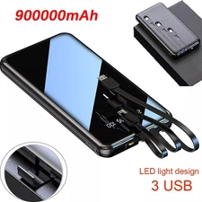 Portable Power Bank 900000mAh Fast Charging Battery with 3 Built in Cables Black