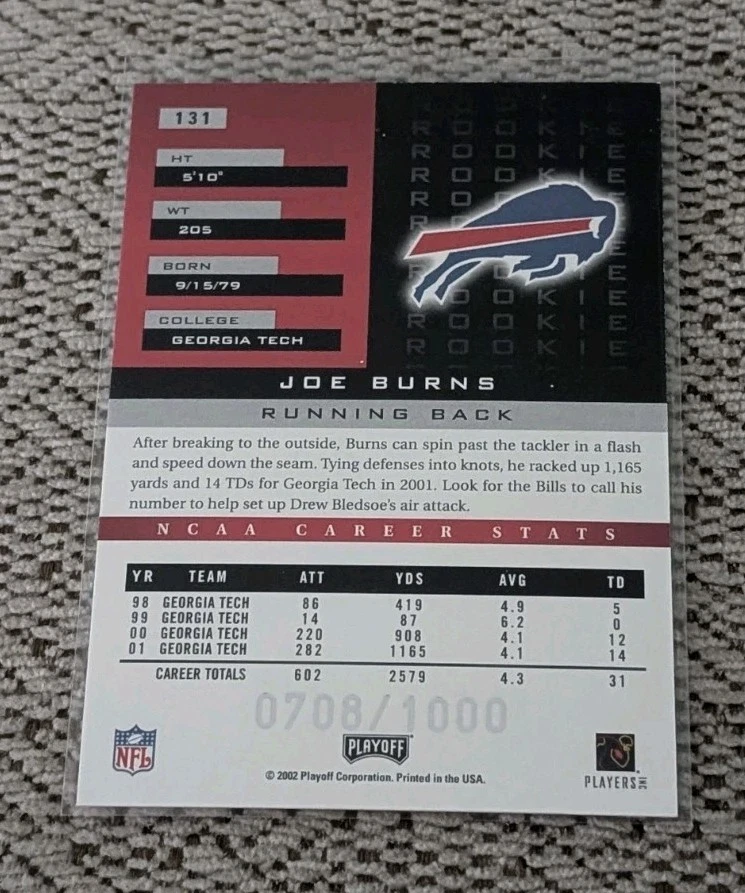 2002. JOE BURNS PLAYOFF HONORS RC /1000 (BILLS) #131 - Image 2 of 2