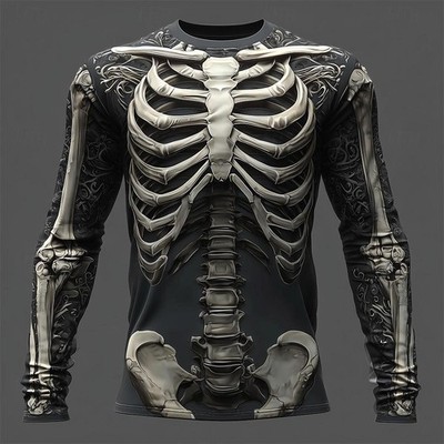 2025 Halloween Skeleton Print Long Sleeve T-shirt for Men Gothic Trendy Streetwe