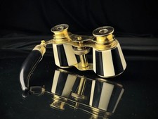 Black Mother of Pearl Opera Glasses Brass Binoculars w/ Handle Vintage Gift