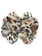 Women's Leopard Print Faux Fur Slippers Size 9 Lapin USA Indoor/Outdoor Sole
