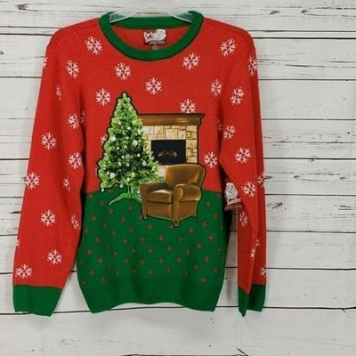 Party Sweater Ugly Christmas fire place unisex red green medium Theme Sweater
