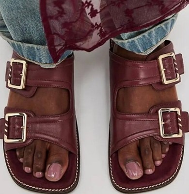 Free People Sage Square Toe Footbed Slides Cabernet Wine Leather 8.5 NEW