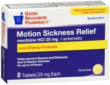##GNP MOTION SICKNESS LESS DROWSY TAB 8CT  meclizine TABLET 25 MG DENTED BOX