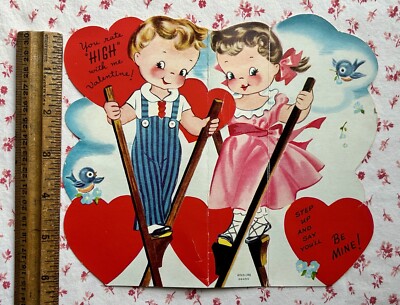 Vintage Mid Century Stand-up Valentine Hearts Cute Children Walking with Stilts