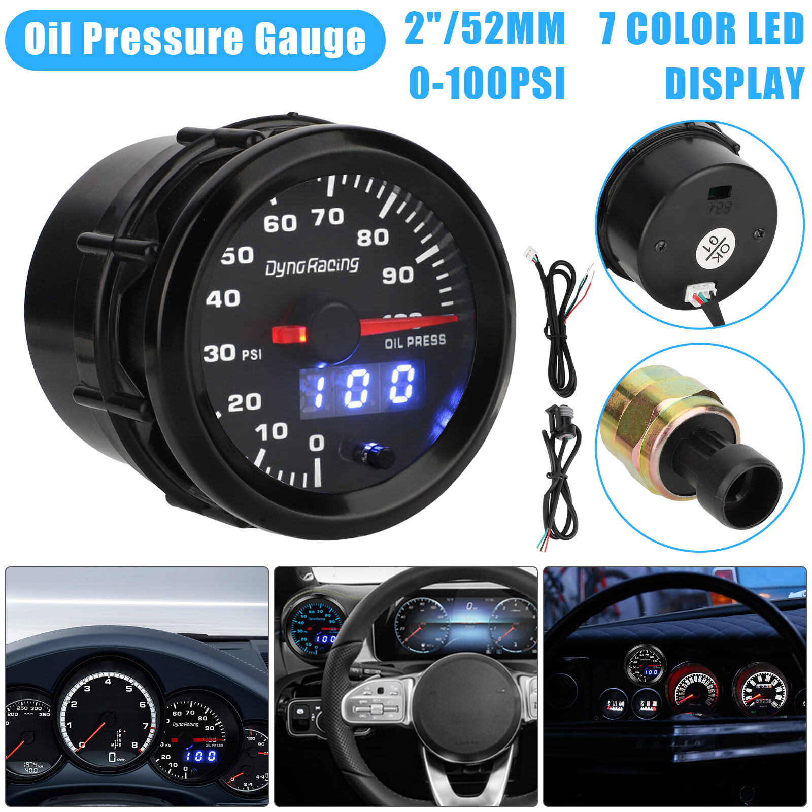 2" 52mm Digital & Pointer 7 Color LED 0100 Psi Oil Pressure Gauge