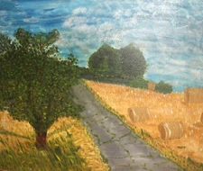 Vintage impressionist oil painting landscape field