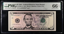 2021 $5 STAR FEDERAL RESERVE NOTE BOSTON PMG 66 EPQ  FR. 1999-A*, SHORT QA-1 RUN