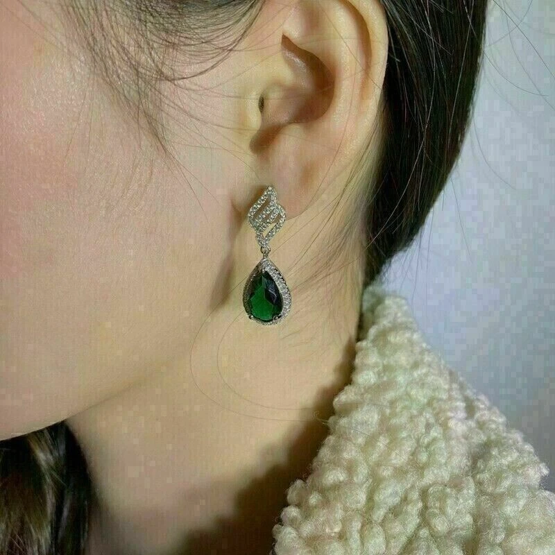 3.50 Ct Pear Cut Simulated Green Emerald Dangle Earrings 14k White Gold Plated - Image 4 of 4