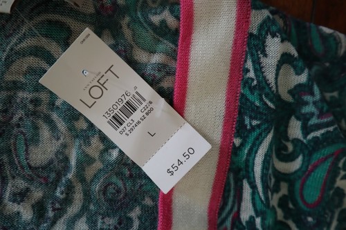NWT Teal Green Pink Paisley Print ANN TAYLOR LOFT Buttoned 3/4 Sleeve Sweater L - Picture 3 of 5