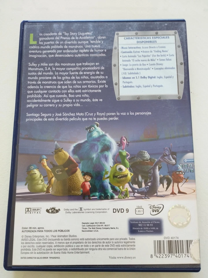 Monstruos S.A. Disney Pixar - DVD + Extras Español Ingles Reg 2 Am - Imagen 2 de 4