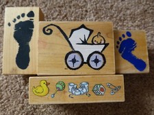 4 Baby Shower Rubber Stamps: Baby Buggy, 2 Bare Feet Baby Border