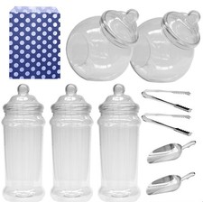 Large Plastic Sweet Jar Candy Buffet Kit 5 Jars Scoops Tongs Bags Wedding Party