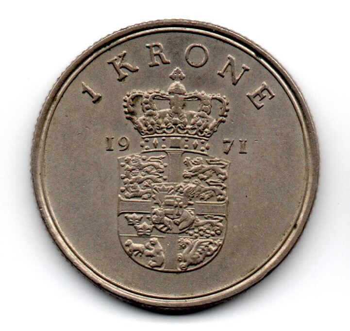 Denmark 1971, Frederik IX Konge af Danmark, coat of arms, 1 Krone, accept offers