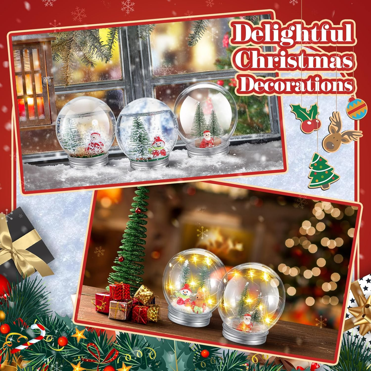 16 Pack Christmas DIY Snow Globe Kit Including 3.58 Inch LED Plastic Snow Globe