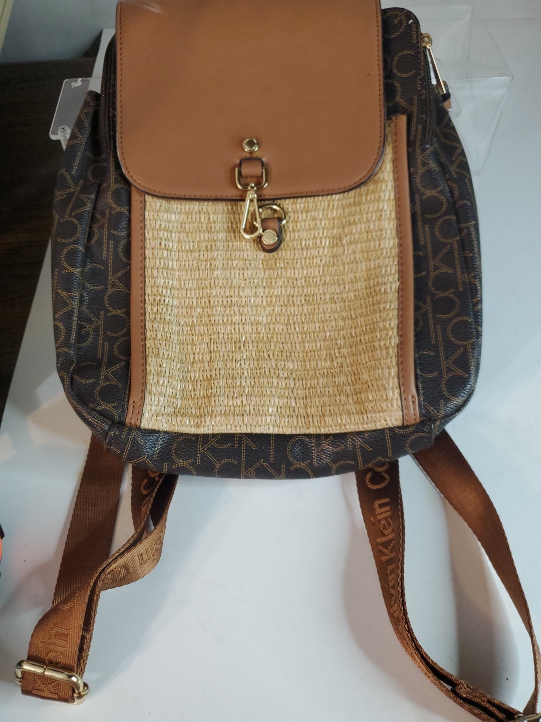 Calvin Klein Monogram Backpack Bag Purse Brown/Tan Faux Leather & Straw