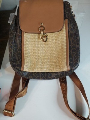 Calvin Klein Monogram Backpack Bag Purse Brown/Tan Faux Leather & Straw