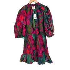 NWT Farm Rio Midnight Leaves Mini Dress Large Pink Green Tropical Puff Sleeve