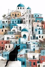 BLACK CAT GREEK VILLAGE POSTCARDS Card Toppers Junk Journal Scrapbook 4 pcs