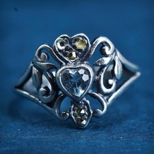 Size 5.5, Vintage Sterling 925 silver engagement heart ring w/ Cz and marcasite