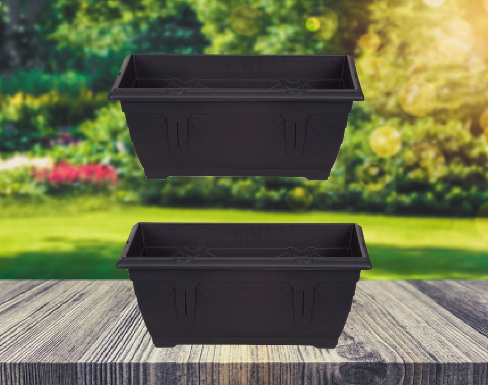 2 Venetian Window Box Trough Planters Small 40cm Plastic Plant Pot Black Colour