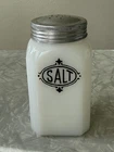 Vintage Hazel Atlas Salt Shaker White Milk Glass Black Lettering Art Deco Style
