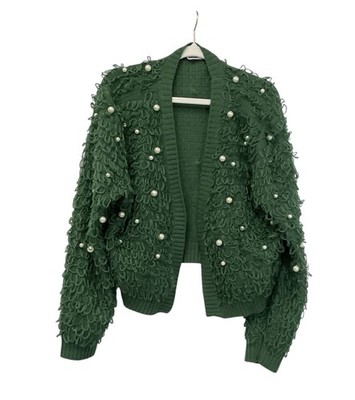 Womens Pearl Embellish Crop Cardigan Sz L Green Coquette Balletcore Loop Knit