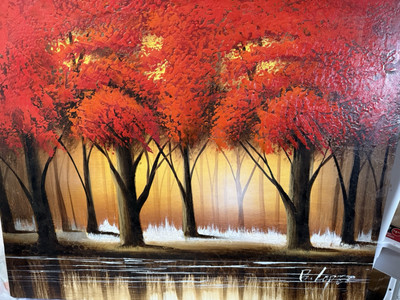 Red Trees - 26x24 ,100% Hand painted Oil Painting Signed. Stretch Canvas