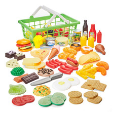 Play Grocery Basket with 100 Pieces Pretend Food Set Toddler Learning Toy