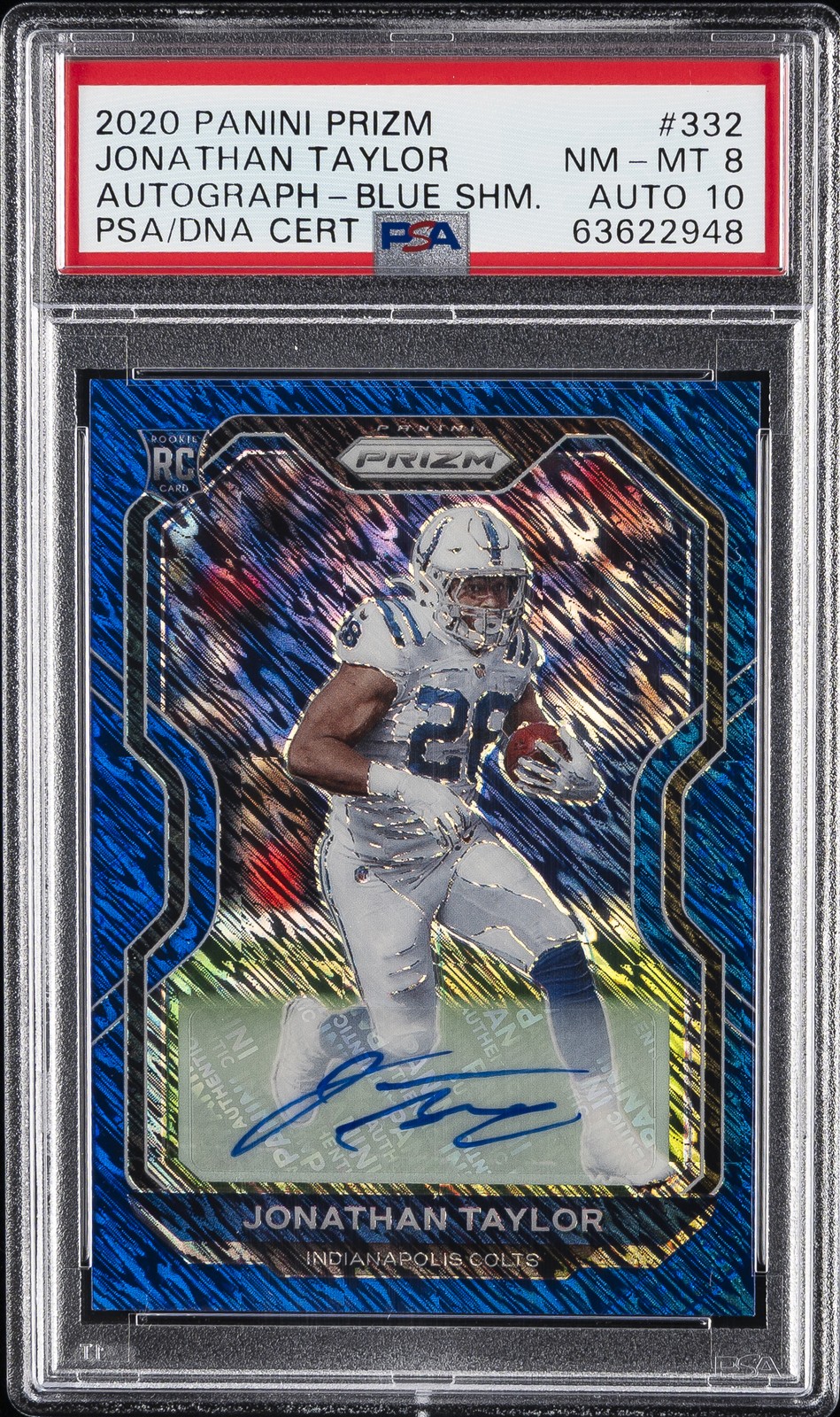 2020 PANINI PRIZM BLUE SHIMMER JONATHAN TAYLOR ROOKIE RC 22/25 PSA 8 AUTO 10