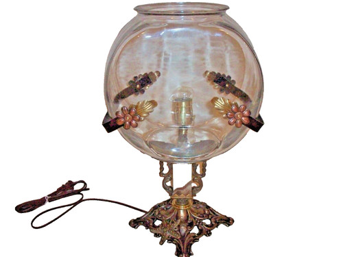 ANTIQUE VINTAGE FISH BOWL HOLDER CAST IRON BRASS LIGHT HOUZE GLASS STARFISH