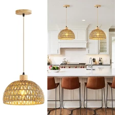 Hand-Woven Pendant Light, 11.8" Dome Rattan Pendant Lighting Fixture Wicker C...