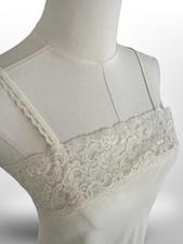 Cream Lace Trim Slip Dress M Tie Back Creamy Midi Nightgown Romantic