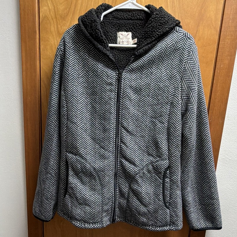 Faded Glory Women's Black White Herringbone Hooded Full Zip Lined Jacket 2X