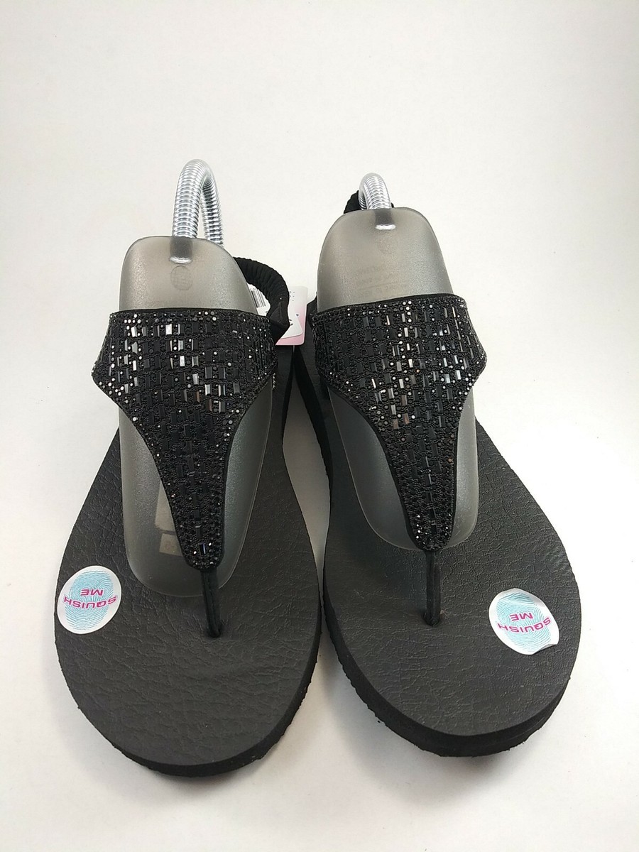 Skechers Womens Shoes Sandals Black Rhinestones Flip Flops