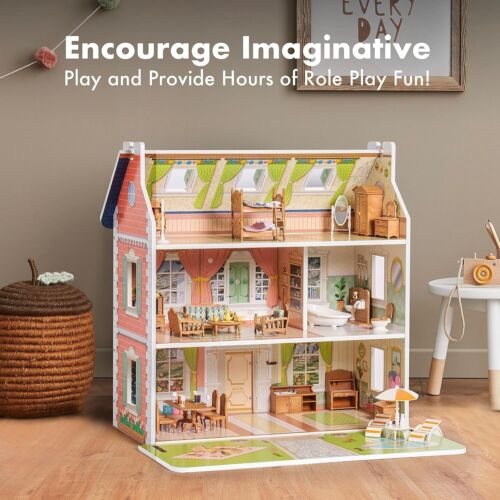 Robud Kids Wooden Dolls House with Furniture and Accessories 3 Story Play House - Picture 2 of 8