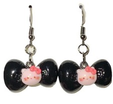 Black Hello Kitty Bow Drop Dangle Earrings 