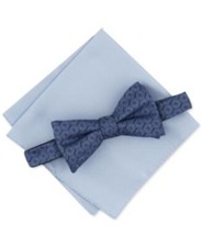 NWT Alfani Geometric Pre-Tied Bow Tie  Solid Pocket Square Set OS Light Blue