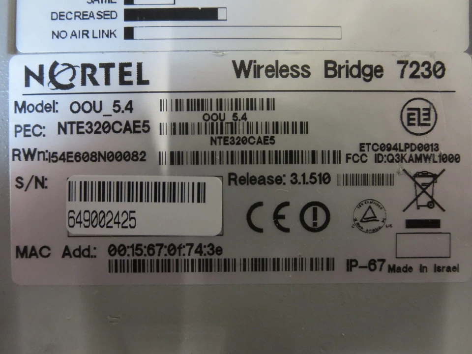 NORTEL NTE320CAE5 7230 WIRELESS BRIDGE KIT, W/ MOUNTING KIT MT-120018/D - Image 3 of 4