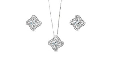 Women's 18k White Gold Plated Love Knot Pendant Necklace & Earrings Jewelry Set