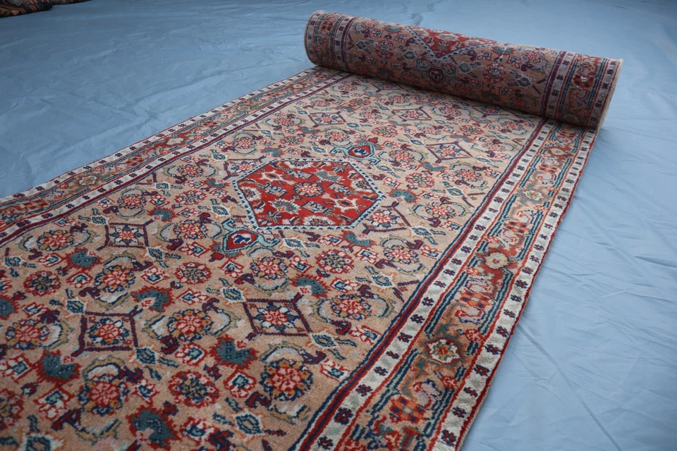 2x11 Malayer Style Runner Rug - Handmade Wool - Red Floral Medallions on Beige. - Image 4 of 4